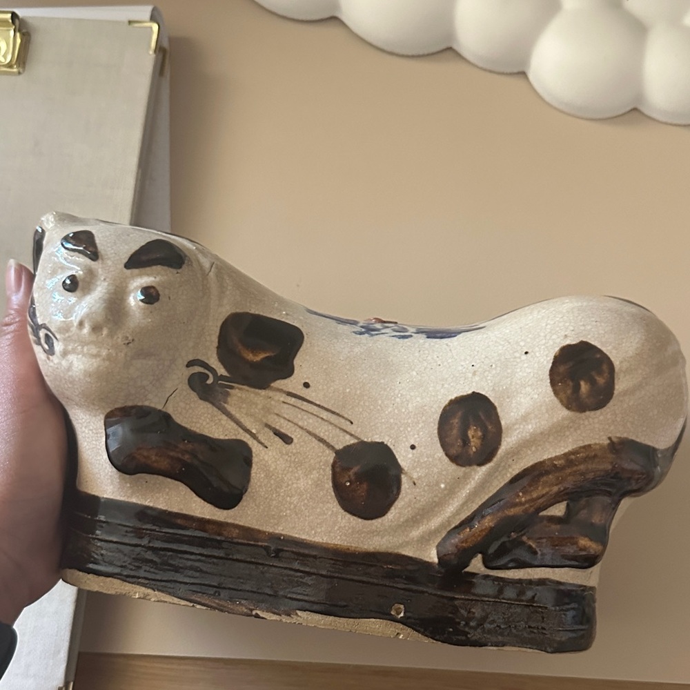 Antique Ceramic Cow Sculpture - Black and Cream
